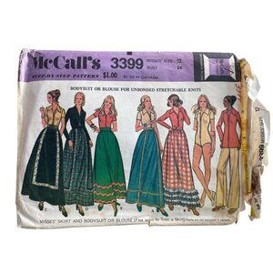 70s McCalls Size 12 Sewing Pattern Misses Skirt & Bodysuit Blouse Vintage UNCUT